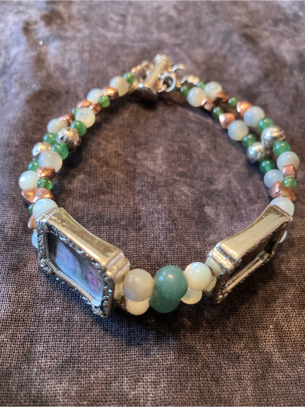 Beaded Green and White Gemstone Photo Bracelet - Unbranded